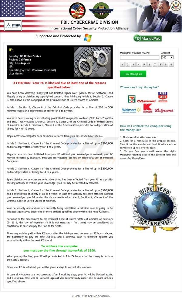 FBI Cybercrime Division MoneyPak Virus- Your PC is Blocked