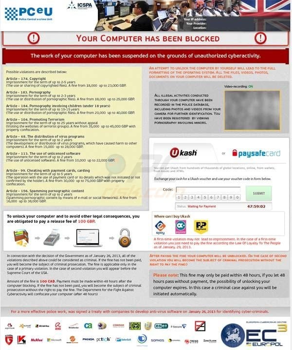 PCeU Police Central e-crime Unit Ukash Virus