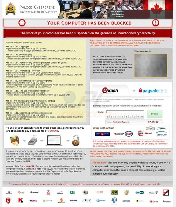 Police Cybercrime Investigation Department Ukash and PaySafeCard virus (Canada)
