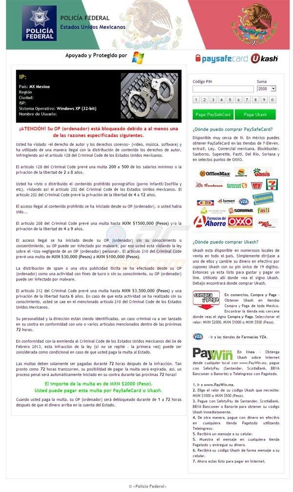 Policia Federal Estados Unidos Mexicanos Ukash or PaySafeCard virus