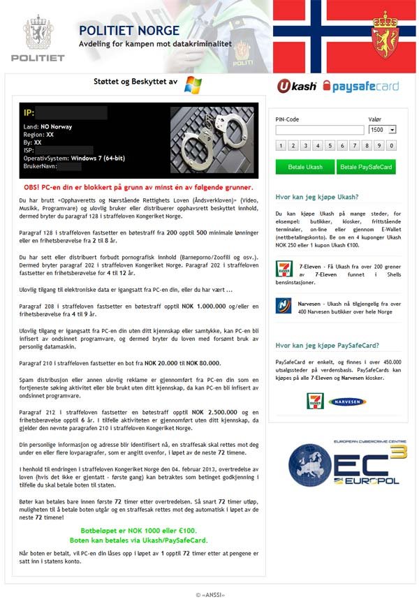 Politiet Norge computer locked ransomware