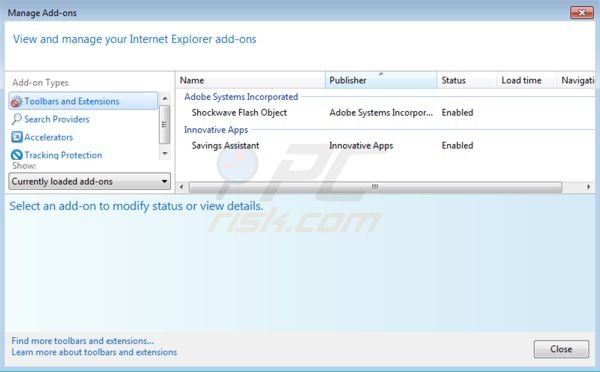 Savings Assistant removal from Internet Explorer