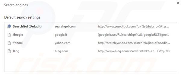 Searchgol default search engine in Google Chrome