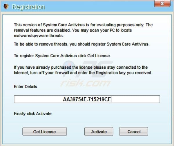 System Care Antivirus removal using a retreived registration key step 2