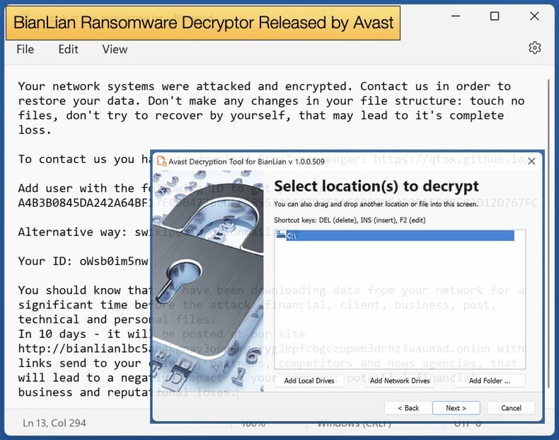 bianlain ransomware decryptor released by Avast