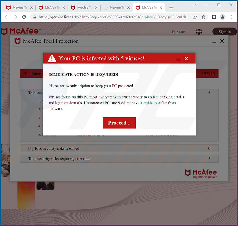 McAfee - Your PC is infected with 5 viruses! pop-up scam (2023-05-10)