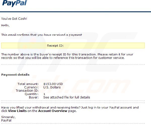PayPal Payment Received notification email leads to Zeus malware