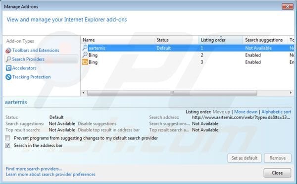 Removing Aartemis from Internet Explorer default search engine settings
