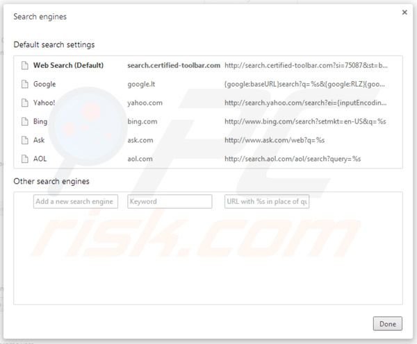 Removing Certified toolbar search from Google Chrome default search engine settings