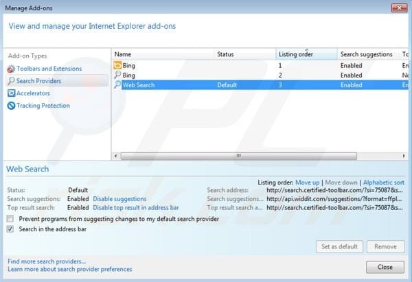 Removing Certified toolbar search from Internet Explorer default search engine settings