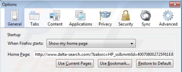 Delta Search homepage in Mozilla Firefox
