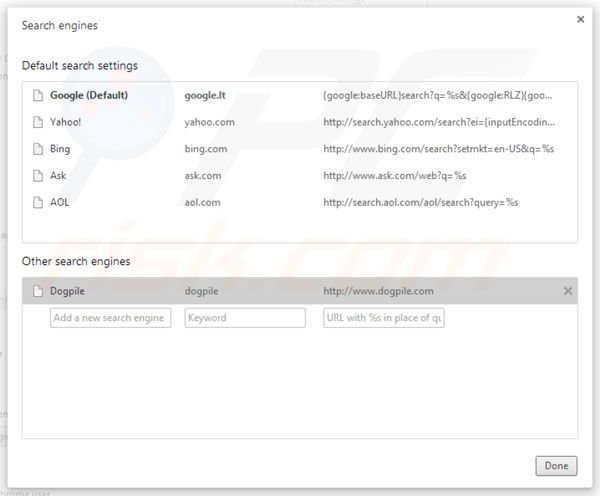 Dogpile removal from Google Chrome default search engine settings