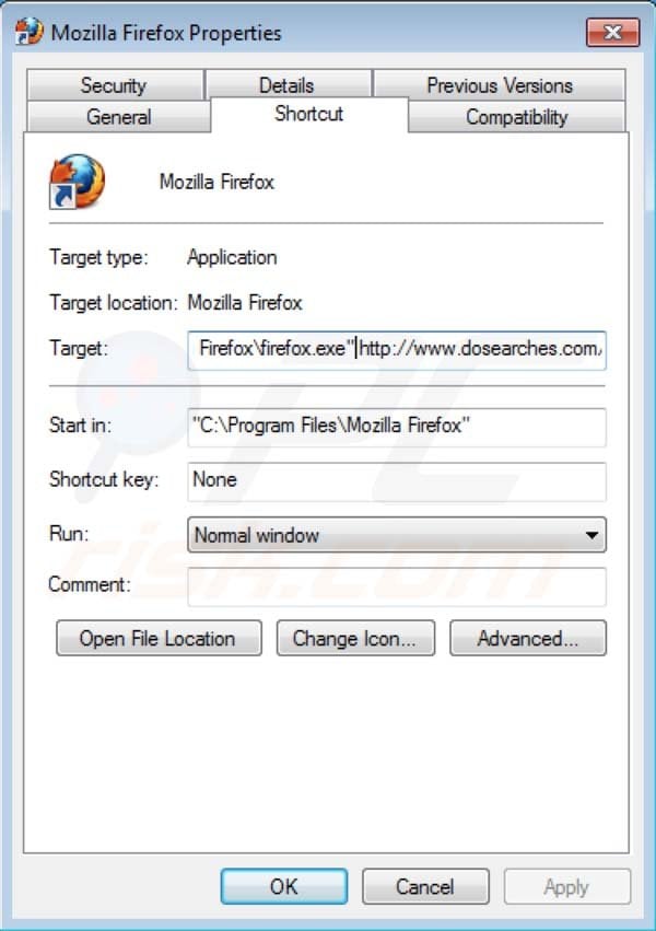 Dosearches removal from Mozilla Firefox shortcut target