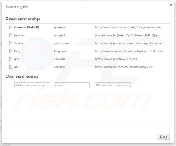 Removing Govome from Google Chrome default search engine settings