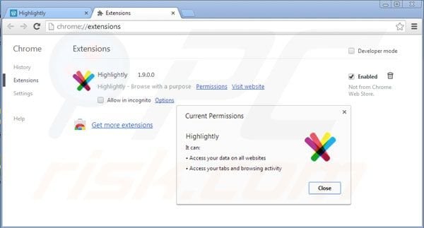 Removing Highlightly from Google Chrome extensions step 2