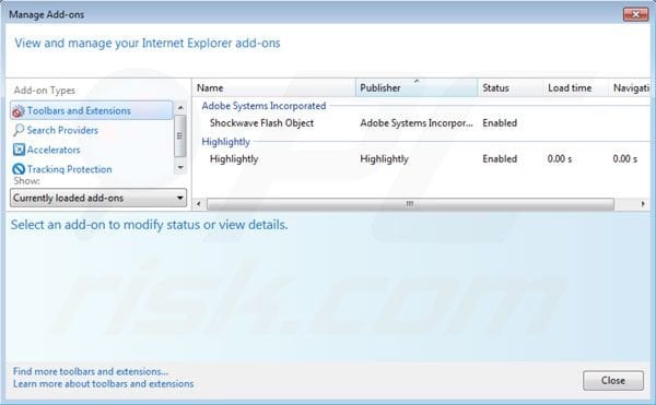 Removing Highlightly from Internet Explorer extensions step 2