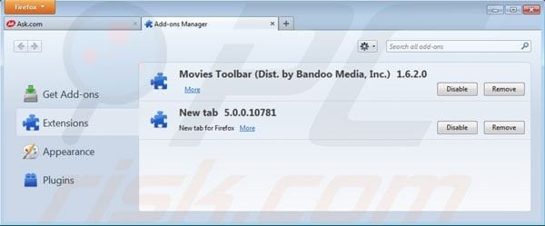 Removing Movies toolbar from Mozilla Firefox extensions