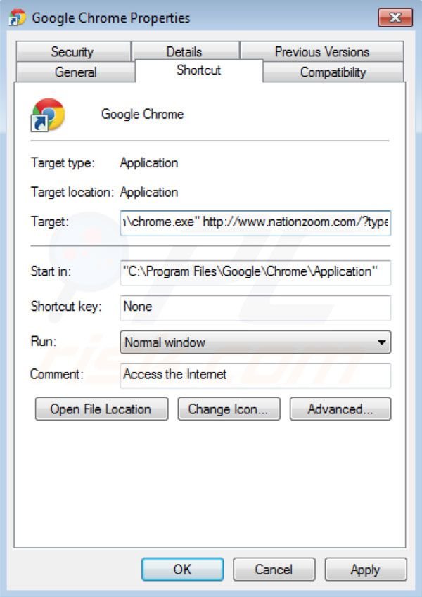 Removing nationzoom.com from Google Chrome shortcut target