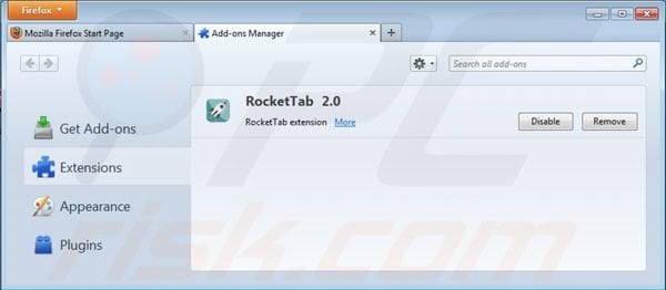 Removing Rocket tab ads from Mozilla Firefox step 2