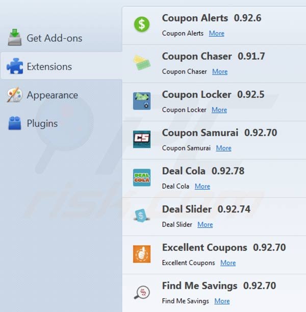 Savings and coupon ads removal from Mozilla Firefox step 2