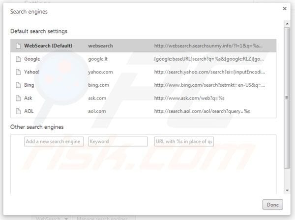 Removing searchsunmy.info from Google Chrome default search engine