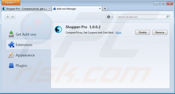 Removing Shopper pro from Mozilla Firefox step 2