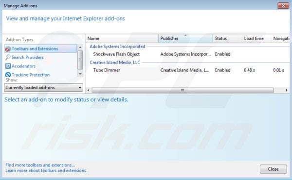 Removing Tube Dimmer from Internet Explorer extensions step 2