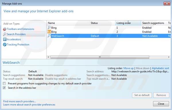 Websearch.search-guide.info removal from Internet Explorer default search engine settings