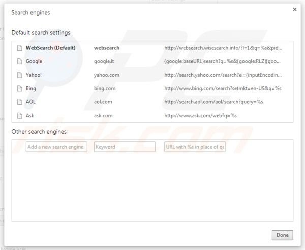Websearch.wisesearch.info removal from Google Chrome default search enigne settings