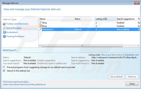 Websearch.wisesearch.info removal from Intenret Explorer default search engine settings