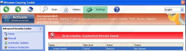 Windows Cleaning Toolkit settings tab