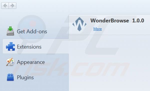 Removing WonderBrowse from Mozilla Firefox extensions step 2