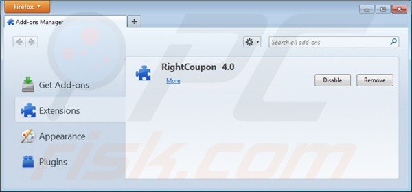 Removing ads by right coupon from Mozilla Firefox step 2