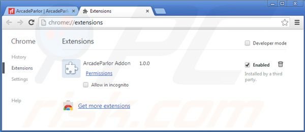 Removing Arcadeparlor from Google Chrome extensions step 2