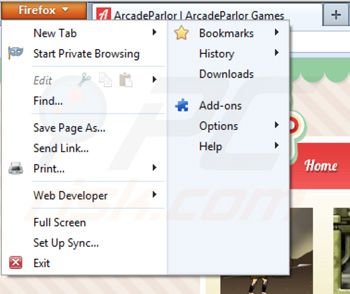 Removing Arcadeparlor from Mozilla Firefox extensions step 1