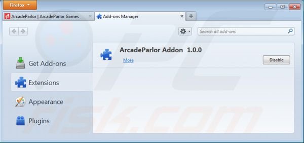 Removing Arcadeparlor from Mozilla Firefox extensions step 2