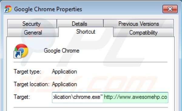 Removing awesomehp.com from Google Chrome shortcut target step 2