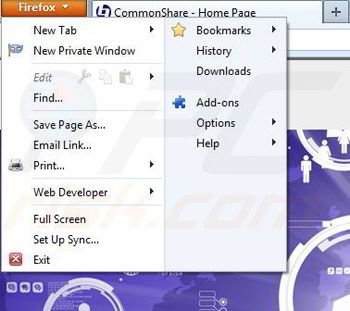 Removing CommonShare from Mozilla Firefox step 1