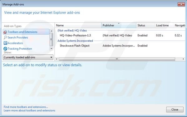 Removing HQ Video Professional from Internet Explorer step 2
