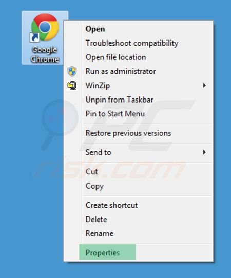 Removing inspsearch.com redirect virus from Google Chrome shortcut target step 1
