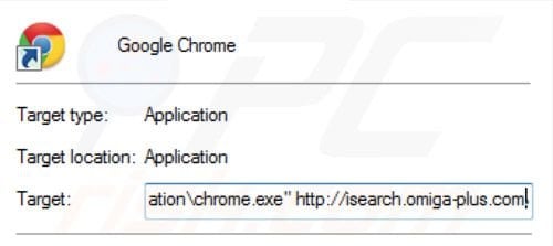 Removing inspsearch.com redirect virus from Google Chrome shortcut target step 2