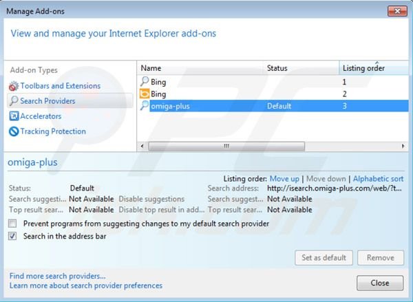 Removing inspsearch.com redirect virus from Internet Explorer default search engine settings