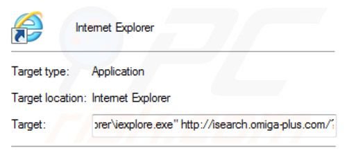 Removing inspsearch.com redirect virus from Internet Explorer shortcut target step 2