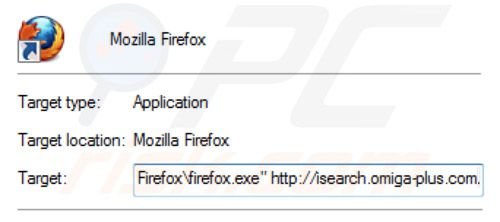 Removing inspsearch.com redirect virus from Mozilla Firefox shortcut target step 2