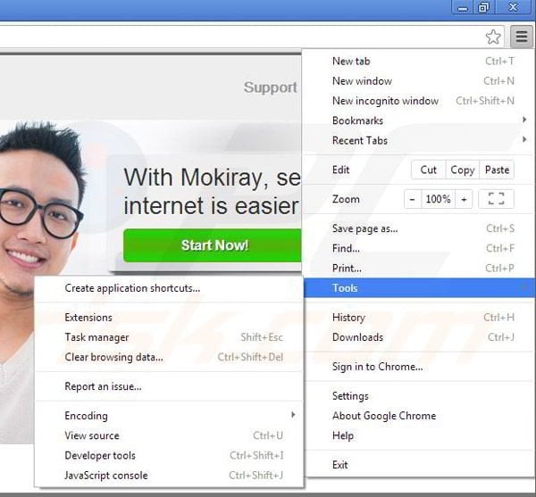 Removing Mokiray from Google Chrome step 1