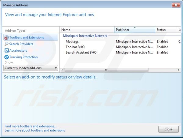 Removing Motitags toolbar from Internet Explorer extensions step 2