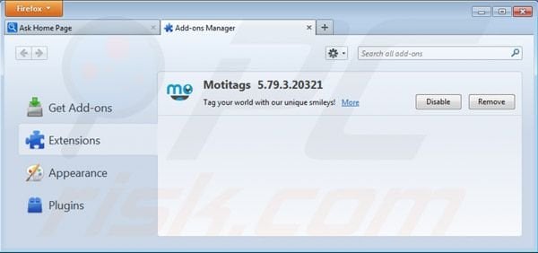 Removing motitags toolbar from Mozilla Firefox extensions step 2