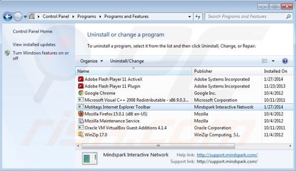 Motitags toolbar uninstall using Control Panel