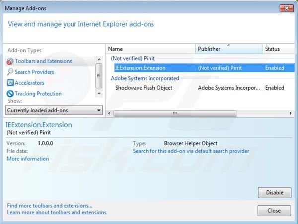 Removing Pirrit Suggestor from Internet Explorer step 2