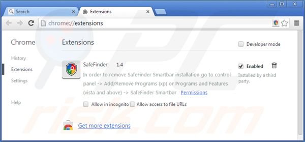 Removing isearch.safefinder.net from Google Chrome extensions